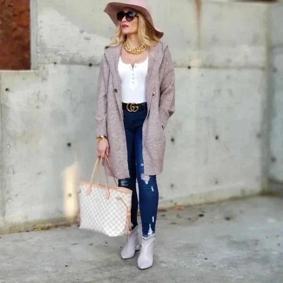 Mauve Open Front Knitted Cardigan with hood - Picture 3 of 8